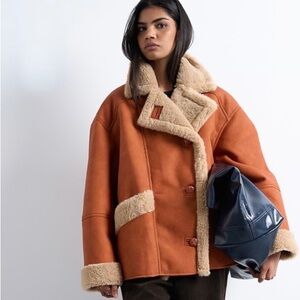 Topshop Orange Teddy Jacket with Cream Accents